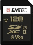 EMTEC - Carte SDXC UHS-II U3 V90 SpeedIN Pro+ ECMSD128GUHS2V90 - Carte Mémoire - Photos en Rafale, Vidéos Full HD, 3D, 4K, 8K UHD - Capacité de Stockage 128Go, 128GB - 2 Rangées PIN au Dos - Noir/Doré