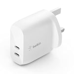 Belkin 40W USB Type C PD Wall Charger (Dual USB-C Ports for 20W Per Port Fast Power Delivery Enabled Charging for iPhone 14/14 Plus, 13, 13 Pro, 13 Pro Max, Mini, iPad Pro, Galaxy, and More)