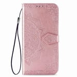 HAOTIAN Case for Xiaomi Redmi 9A / Redmi 9AT Wallet, Mandala Embossed PU/TPU Leather Magnetic Filp Cover with Wallet/Holder [Flip Stand/Card Slot]. Rose Gold