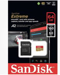 SANDISK® Extreme® 64GB microSDXC UHS-I Card C10 V30 U3 A2 160MB/s + Adapter New