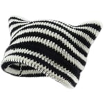 Stickad Cat Beanie med Öron, Randig Vintervarm Elastisk Mössa, Svart och Vit Black and White