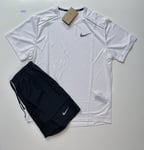 Nike Miler 1.0 T Shirt + Brief Lined 7” Shorts Gym Running Set White Black Large