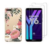 NOVAGO Compatible avec Huawei Y6 2018/Honor 7A -Coque Souple Solide Anti Choc avec Impression + 2 Films Protection écran Verre trempé résistant (Coque+ 2 Verres, Grosse Fleur)