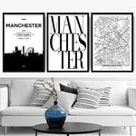 Artze Wall Art Manchester Skyline Street Map City Prints 3-Piece Set, Black/White, 21 cm Width x 30 cm Height