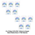 10 x Philips DVD+RW 120min 4x Speed Blank Media Discs 4.7GB Rewritable Sleeve