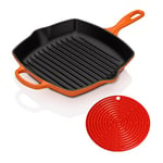 Le Creuset Signature Cast Iron Square Grillit, 26 cm and Silicone Cool Tool - Volcanic