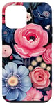 Coque pour iPhone 12 mini Boho Bleu marine et rose Motif floral botanique Art floral
