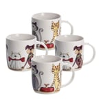 Set of 4 Mugs Cups for Tea Coffee and Hot Drinks. Porcelain China with Cats and Dogs Gift for Cat Dog and Animal Lovers