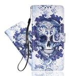 IMEIKONST Samsung A40 Case 3D Creative Pattern Design PU Leather Flip Bookstyle Card Slot Holder Wallet Magnetic Cover Stand Compatible for Samsung Galaxy A40 3D Blue Skull YB