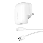 Belkin 30W USB C wall charger with PPS, Power Delivery, USB-IF certified PD 3.0, fast charger plug for iPhone 15, Samsung Galaxy S23, iPad, AirPods, MacBook, Pixel, more - USB-C to C Cable included