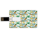 32G USB Flash Drives Credit Card Shape Watercolor Memory Stick Bank Card Style Exotic Fruits Pattern Pineapples Bananas Oranges Tropical Leaves Decorative,Green Yellow Pale Brown Waterproof Pen Thumb