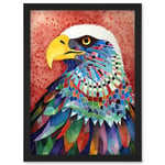 Bald Eagle Bird With Multicoloured Feathers Folk Art Watercolour Painting Artwork Framed Wall Art Print A4