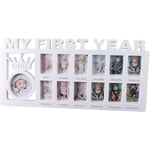 12 Månaders Baby Foto Ram My First Year Multi Foto Baby Foto Ram För 13 Foto Collage Baby Foto Ram För Födelsedag Lista, Dopgåva För 1:a Födelsedagen White 40X19cm