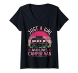 Womens Just A Girl Who Loves Camper Van, Vintage Camper Van Girls V-Neck T-Shirt