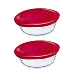 Pyrex O'Cuisine Borosilicate Glass Oval Dish Container with Plastic Lid 0.35 Litre Red (Pack of 2)
