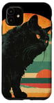 Coque pour iPhone 11 Silhouette de chat tigré noir vintage couleur rétro coucher de soleil