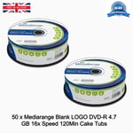 Mediarange Branded Blank LOGO DVD-R 4.7 GB 16x Speed 120Min Cake Tub x 50 Discs