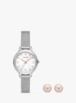 Emporio Armani AR80065 Women's Mesh Strap Watch & Stud Earring Jewellery Set, Silver/Rose Gold