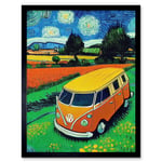 Hippie Van In Meadow Under Starry Night Painting Van Gogh Art Print Framed Poster Wall Decor 12x16 inch