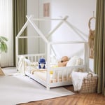 LEADZM Lit cabane Enfant 90x200 cm, sommier à Lattes, barrières de sécurité Bois en pin Forme de Maison Lit au Sol Montessori pour Enfants (Blanc, 90x200cm)