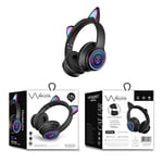 Kids Headphones with Mic, Cat Ear LED Light Up Kids Bluetooth Headset Over On Ear Stereo Gaming Wireless Earphone for Cellphone/Laptop/School/Streaming