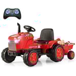 2 i 1 elektrisk traktor för barn med släp & Fjärrkontroll Elleksaksbil-röd