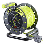 Masterplug Pro-XT Four Socket Open Cable Reel Extension Lead with Winding Handle, Thermal Cut Out and Power Switch, 25 Metres High Visibility Cable , Green