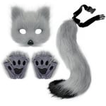 Kattmask, Svans och Tassar Handskar Set, Pälsdjur Kit, Maskerad Tillbehör och Festlig Rolig Grå
