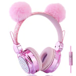Kids Headphones with Microphone, 85dB On-ear Bear Ear Headphones for Girls/Teens/Children/School/Gifts (pink)