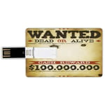 32G USB Flash Drives Credit Card Shape Western Memory Stick Bank Card Style Old Wanted Placard Print Dead or Alive Bounty Hunter Cash Reward,Light Brown Cinnamon Black Waterproof Pen Thumb Lovely Jump