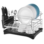 alvorog Dish Drying Rack, 2 Tier Dish Drainer with Black Drip Tray, Large Capacity Cutlery Holder and Adjustable 360° Drainage Outlet, Compact Draining Rack, Kitchen Sink Drainer for Dishes