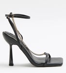 River Island JIB Chain Detail Square Toe Strappy Heeled Sandals Black UK Size 2