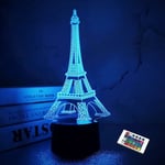 Tour Eiffel Veilleuse 3D Illusion Lampe Visual Chambre Décoration led Lampe avec Télécommande 16 Changement de Couleur Paris Mode Style Acrylique