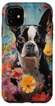Coque pour iPhone 11 Motif terrier de Boston dans un jardin fleuri pour les amateurs d'art de chiens