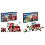 LEGO City La Caserne et Le Camion de Pompiers, Jouet de Figurine de Chien et 5 Minifigurines & 60374 City Le Camion d’Intervention des Pompiers, Jouet avec Drones Terrestres et Aériens
