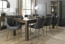 Bentley Designs Turin Dark Oak 6-10 Seater Extending Dining Table with 8 Cezanne Dark Grey Faux Leather Chairs - Gold Legs