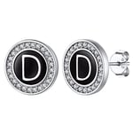 Silvora Boucles d'Oreilles Argent 925 Femme Homme Initial Lettre Blanc Noir Clou d Oreille Pierre Zircone Ronde-10mm Fille Cadeau pour Maman Copine Soeur Ado Jeune Adult