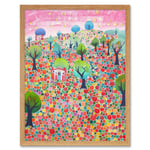 Apple Tree Orchard Fields At Sunset Folk Art Watercolour Painting Art Print Framed Poster Wall Decor 12x16 inch
