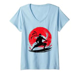 Womens Sunset Retro Shadow Japanese Art Silhouette Warrior V-Neck T-Shirt