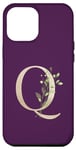 Coque pour iPhone 12 Pro Max Lettre Q élégante en feuille d'or monogramme couleur prune avec motif floral