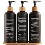 Prus Waso Shampoo and Conditioner Dispenser, Contains Shampoo Conditioner Body Wash Dispenser. Shower Dispenser with Bamboo Pumps & Tray, Perfect for Bathroom Essentials for New Home. (Black)