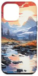 Coque pour iPhone 15 Pro Max paysage naturel, montagnes enneigées, coucher de soleil, rivière, roches, arbres