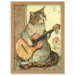 Street Musician Cat with Guitar by Flower Pattern Mural Pastel Watercolour Illustration Artwork Framed Wall Art Print A4