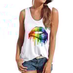 Pride Day Kvinnor Regnbåge Läpptryckt Tank Top Sked Hals Ärmlös T-shirt Tee White 2XL