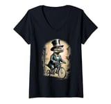 Womens Dinosaur riding a bike with a top hat V-Neck T-Shirt