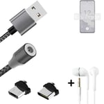 Magnetic charging cable + earphones for Nokia X30 5G + USB type C a. Micro-USB