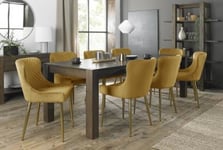 Bentley Designs Turin Dark Oak 6-10 Seater Extending Dining Table with 8 Cezanne Mustard Velvet Chairs - Gold Legs