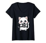Womens Cat With Camera Photographer Funny Cute Kawaii Photography V-Neck T-Shirt