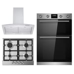 Cookology 60cm Built-in Tall Double Oven, S/Steel Gas Hob & Cooker Hood Pack