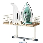 TJ.MOREE Ironing Board Hanger Wall Mount - Laundry Room Decor Iron and Ironing Board Holder, Metal Wall Mount with Large Storage Wooden Base Basket and Removable Hooks (White)